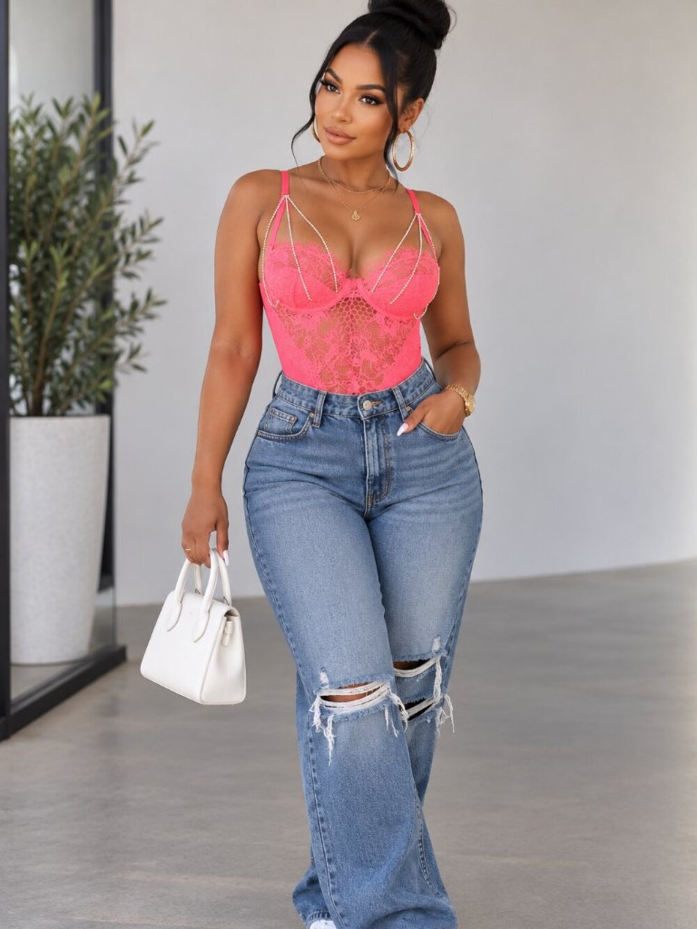 NWT Hot Pink Lace Rhinestone Caged Bodysuit